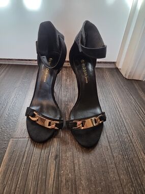 Diva Black Suede Open-Toe Ankle-Strap Heels with Gold Chain